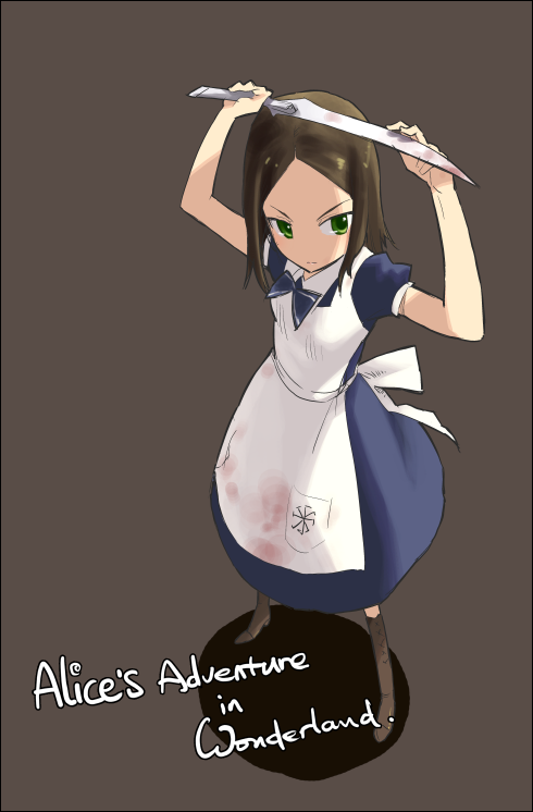 miharu (cgsky), alice (alice in wonderland), alice liddell (american mcgee's alice), alice's adventures in wonderland, american mcgee's alice, 1girl, animification, apron, blood, boots, brown hair, dress, female focus, green eyes, knife, no legwear, skirt, solo