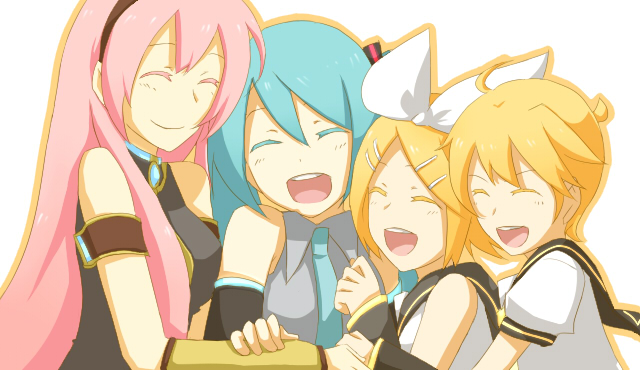 tomisaka, hatsune miku, kagamine len, kagamine rin, megurine luka, vocaloid, bad id, bad pixiv id, 1boy, 3girls, aqua hair, closed eyes, group hug, hug, multiple girls