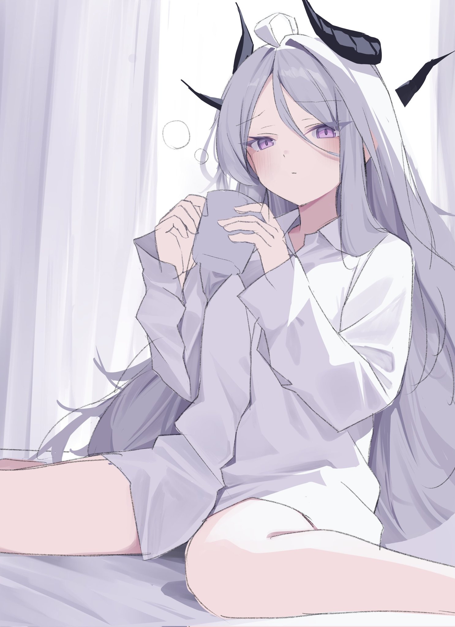 supic1711, hina (blue archive), blue archive, highres, 1girl, ahoge, blush, demon girl, demon horns, horns, indoors, long hair, looking at viewer, purple eyes, shirt, sitting, solo, white hair, white shirt