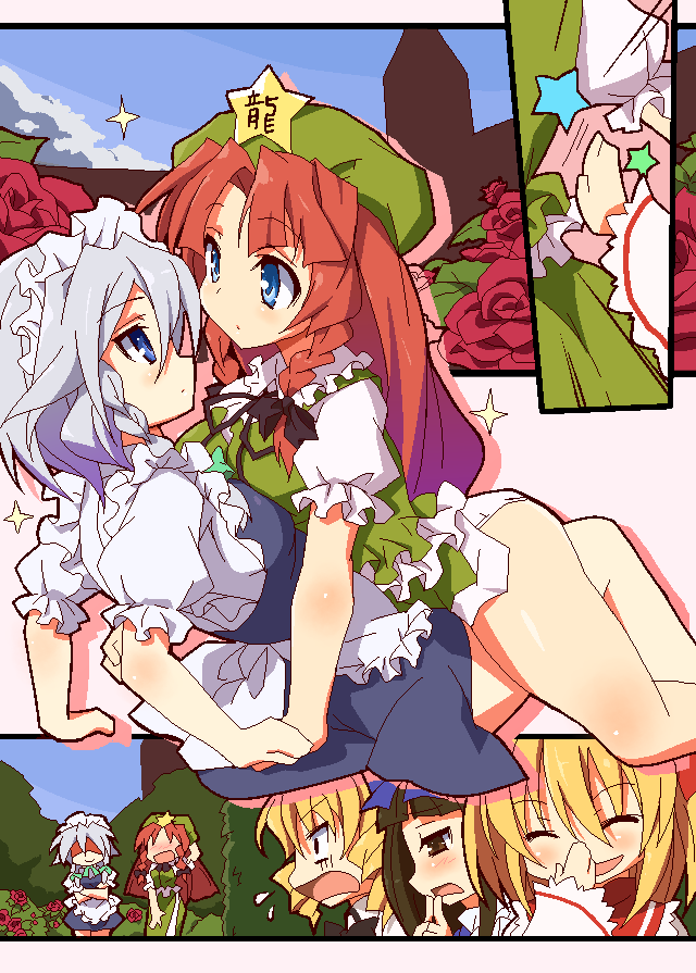 9law, hong meiling, izayoi sakuya, luna child, star sapphire, sunny milk, perfect memento in strict sense, touhou, silver hair, bad id, bad pixiv id, > <, 5girls, :d, :o, arm support, beret, black hair, blonde hair, blue eyes, blunt bangs, blush, bow, braid, breast press, breasts, brown eyes, closed eyes, clothes lift, comic, drill hair, embarrassed, eye contact, female focus, flower, garden, hair bow, hat, long hair, looking at another, medium breasts, multiple girls, nervous, no eyes, nose blush, oekaki, open mouth, outdoors, panties, pantyshot, pushing, red flower, red hair, red rose, rose, silent comic, skirt, skirt lift, smile, star (symbol), symmetrical docking, twin braids, twin drills, twintails, underwear, white panties, xd, yuri