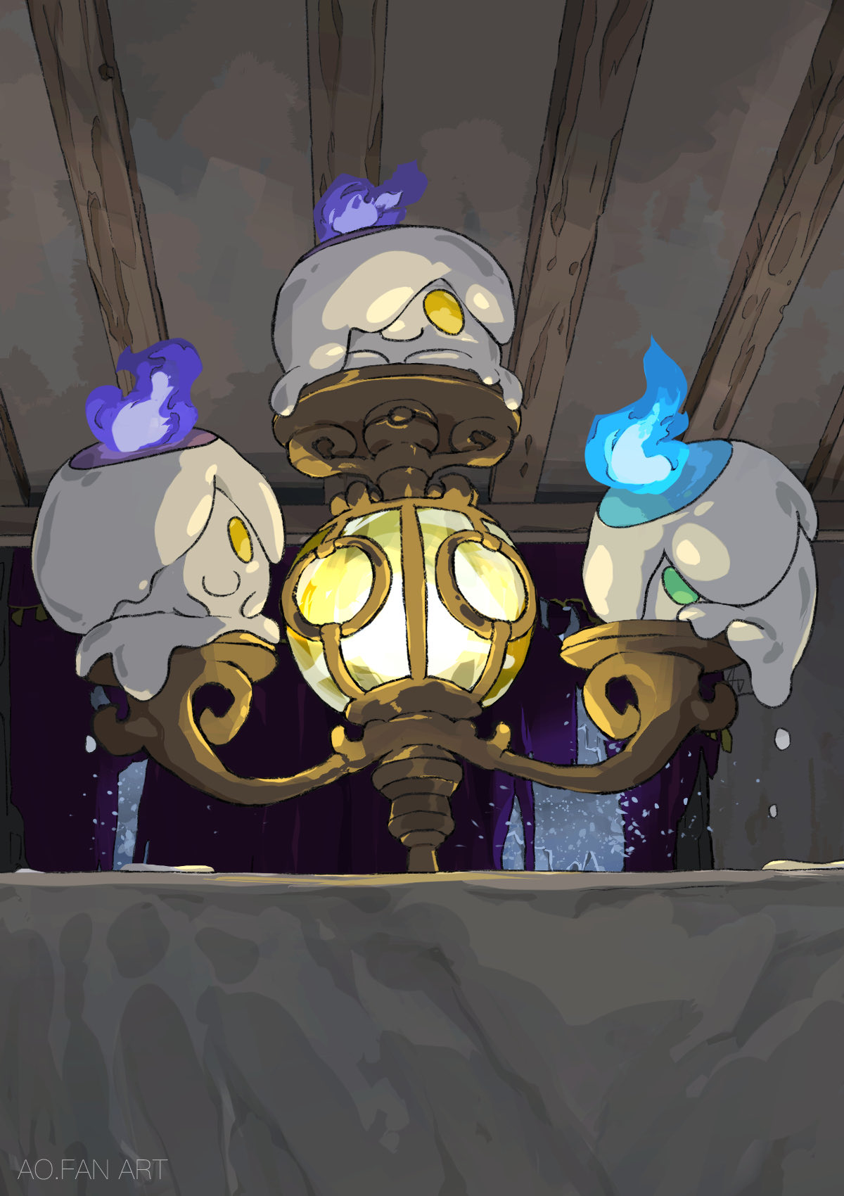 aomon (yuuji7604), chandelure, litwick, nintendo, pokemon, highres, alternate color, blue fire, candle, closed mouth, fire, gen 5 pokemon, green eyes, no humans, pokemon (creature), pokemon focus, purple fire, shiny pokemon, smile, yellow eyes