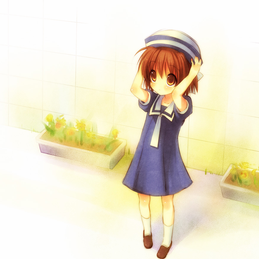toranosuke, okazaki ushio, clannad, bad id, bad pixiv id, 00s, 1girl, brown eyes, brown hair, child, dixie cup hat, dress, female focus, hat, military hat, sailor, sailor collar, sailor dress, short hair, solo