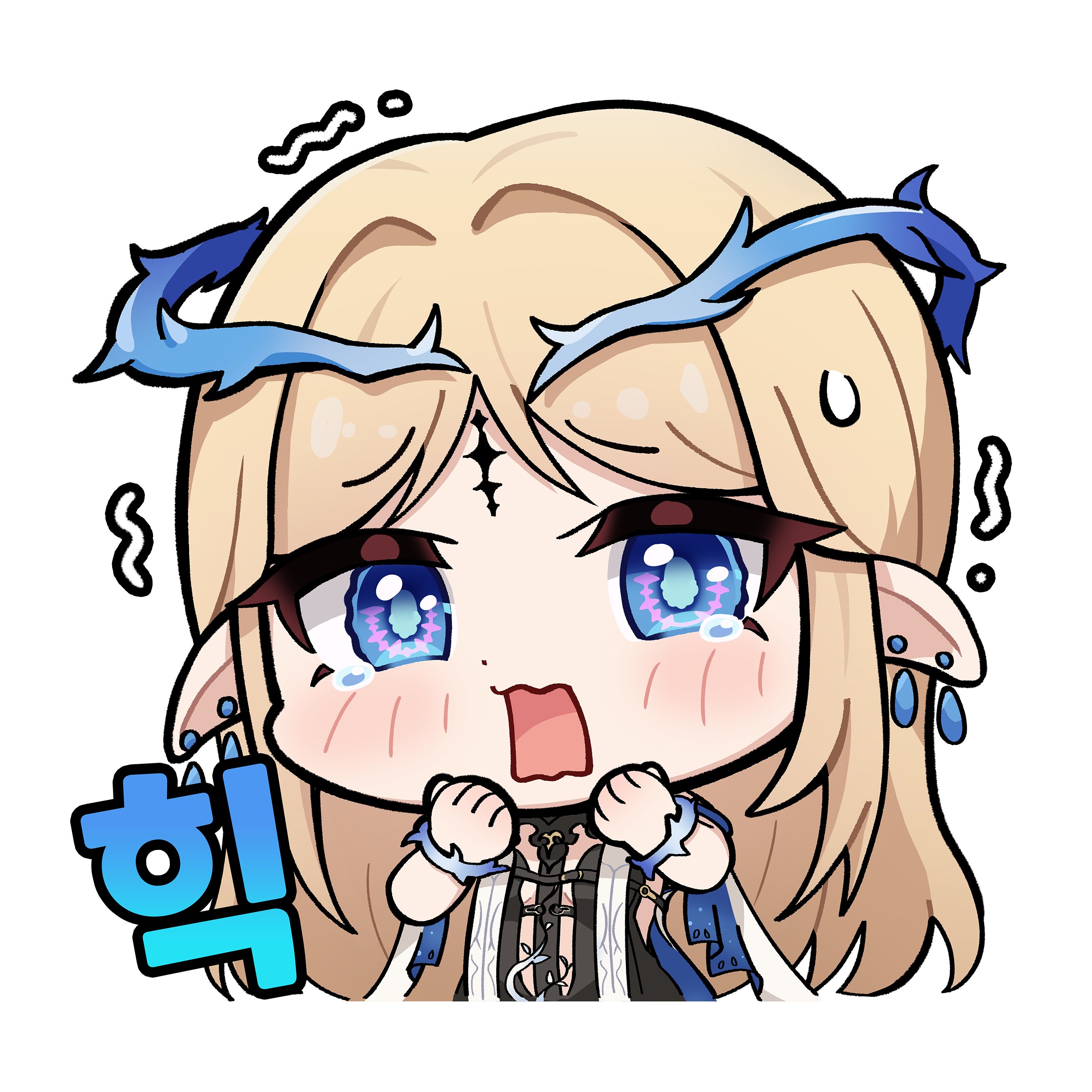 cartethyia (wuthering waves), wuthering waves, absurdres, commentary, highres, 1girl, black dress, blonde hair, blue eyes, breasts, chibi, chibi only, crown of thorns, dress, earrings, hands up, jewelry, long hair, looking at viewer, multiple earrings, open mouth, parted bangs, pointy ears, sidelocks, simple background, small breasts, solo, tacet mark (wuthering waves), tearing up, upper body, white background, yami (yami56 u)
