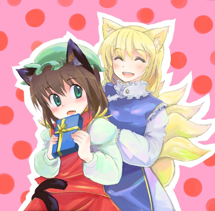 rotan, chen, yakumo ran, touhou, 2girls, ^ ^, animal ears, blonde hair, blush, brown hair, cat ears, cat girl, cat tail, closed eyes, fang, female focus, fox ears, fox tail, gift, green eyes, happy, hat, holding, holding gift, kitsune, kyuubi, looking back, multiple girls, multiple tails, no headwear, polka dot, polka dot background, short hair, smile, tail, valentine