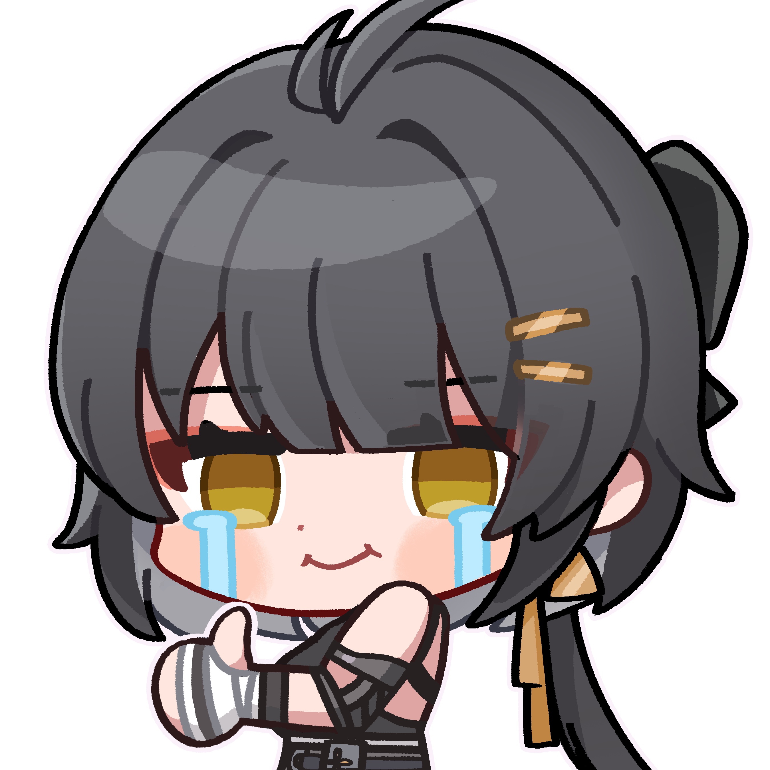 female rover (wuthering waves), rover (wuthering waves), wuthering waves, absurdres, commentary, hashtag-only commentary, highres, 1girl, bare shoulders, black bow, black hair, bow, breasts, chibi, chibi only, closed mouth, crying, earrings, elbow pads, hair bow, hair ornament, hair ribbon, hairclip, jewelry, long hair, looking at viewer, low ponytail, medium breasts, parallel hairclips, ponytail, ribbon, simple background, smile, solo, streaming tears, tears, thumbs up, triangle earrings, upper body, white background, yami (yami56 u), yellow eyes, yellow ribbon