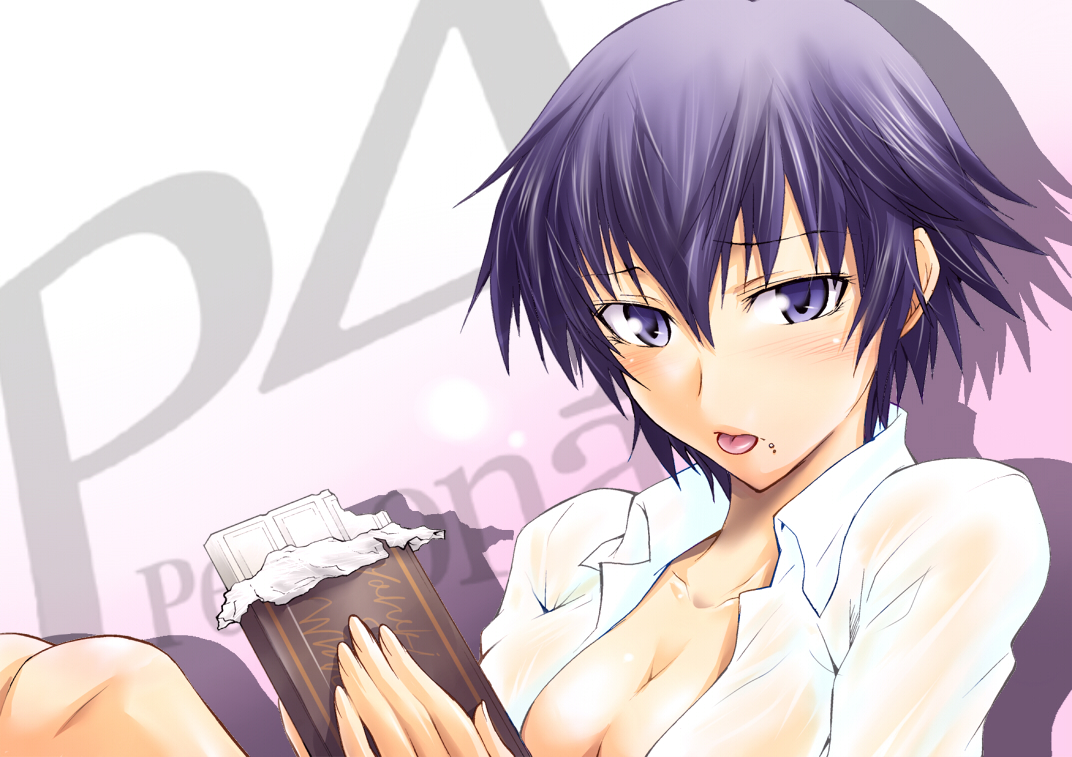 segami daisuke, shirogane naoto, atlus, persona, persona 4, 1girl, blush, breasts, candy, chocolate, chocolate bar, cleavage, copyright name, female focus, food, large breasts, purple eyes, purple hair, short hair, solo, tongue, tongue out, white chocolate
