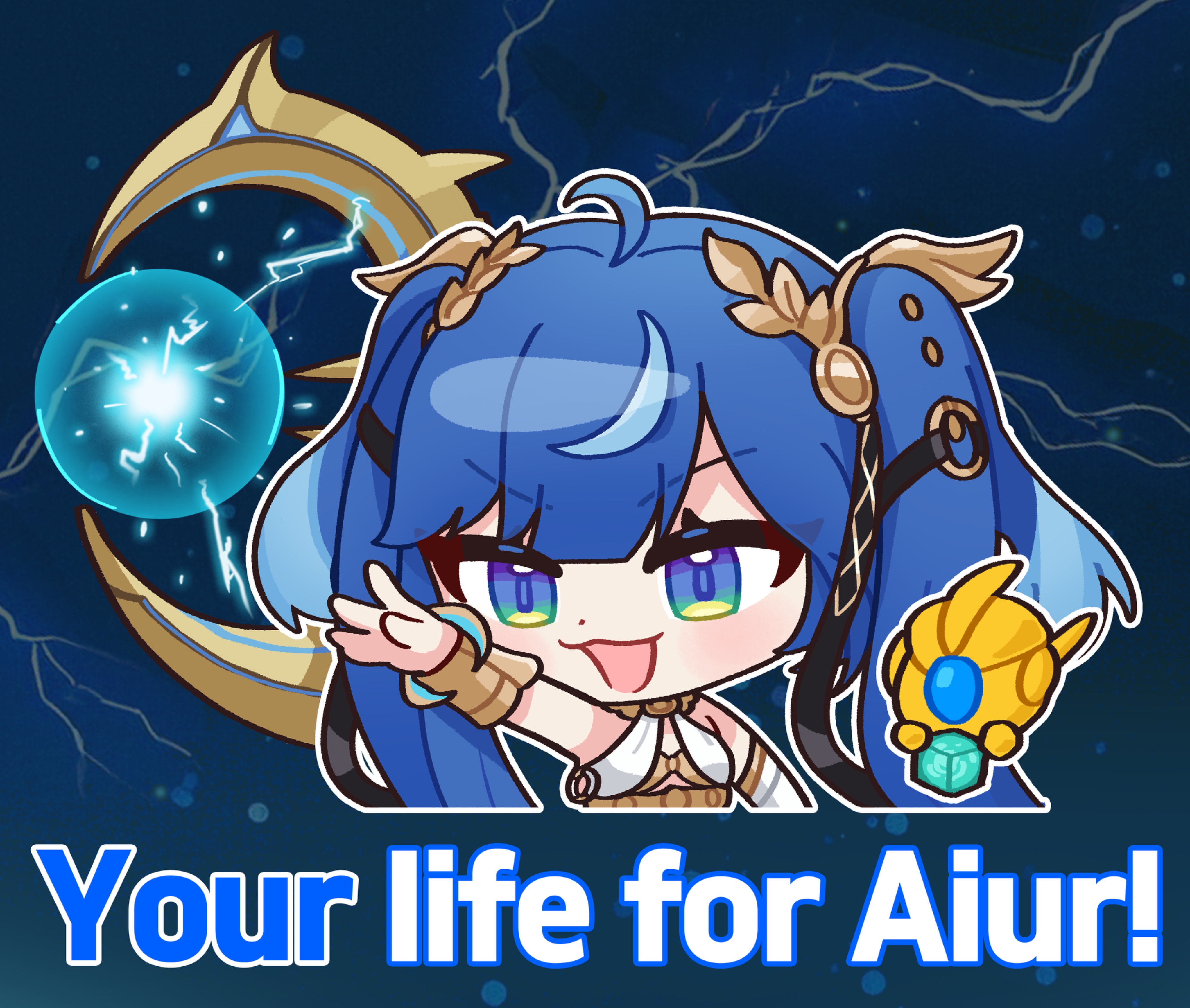iuno (wuthering waves), wuthering waves, absurdres, alternate language, commentary, english commentary, highres, 1girl, ahoge, bare shoulders, blue eyes, blue hair, breasts, chibi, chibi only, english text, gold bra, hair belt, laurel crown, long hair, multicolored hair, open mouth, orb, small breasts, smile, solo, streaked hair, twintails, vambraces, yami (yami56 u)