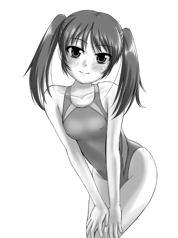 tk4, original, 1girl, breasts, competition swimsuit, covered erect nipples, female focus, greyscale, leaning forward, long hair, monochrome, one-piece swimsuit, small breasts, solo, swimsuit, twintails