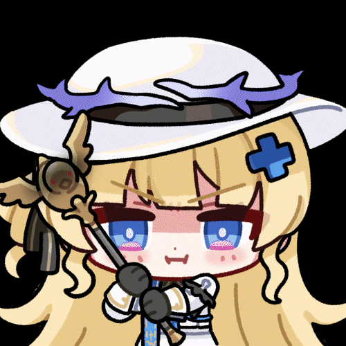 phoebe (wuthering waves), wuthering waves, animated, animated gif, commentary request, korean commentary, lowres, translation request, 1girl, :i, black gloves, blonde hair, blue eyes, gloves, hair ornament, hat, holding, holding staff, long hair, long sleeves, looking at viewer, shirt, solo, staff, v-shaped eyebrows, white hat, white shirt, x hair ornament, yami (yami56 u)