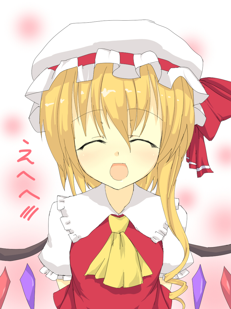 izumi sai, flandre scarlet, touhou, bad id, bad pixiv id, highres, translated, 1girl, blonde hair, blush, closed eyes, female focus, hat, open mouth, ribbon, solo, upper body, wings
