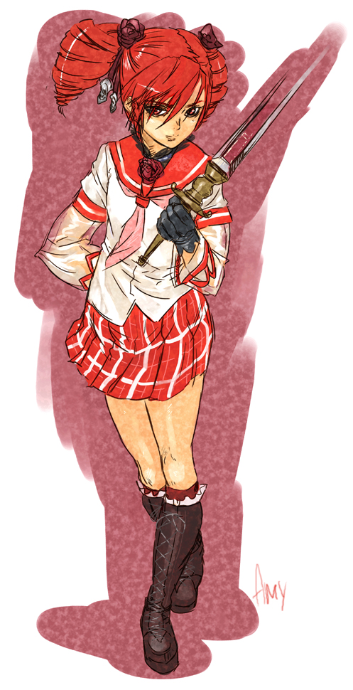 ashiomi masato, amy sorel, soul calibur, soulcalibur, soulcalibur iv, 1girl, boots, drill hair, female focus, gloves, red eyes, red hair, school uniform, serafuku, short twintails, skirt, solo, sword, twintails, weapon