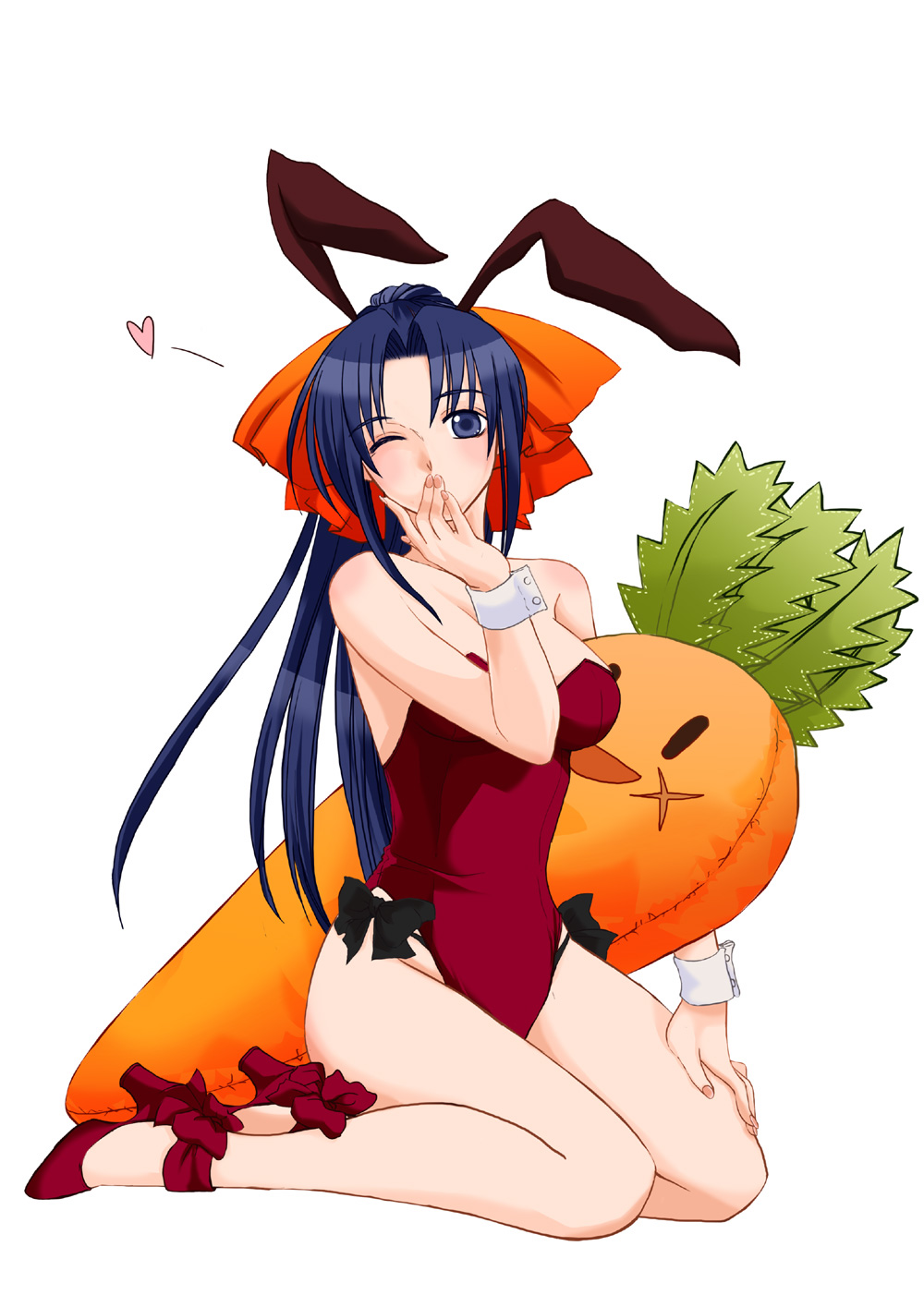 sayaka (artist), kamiya kaoru, rurouni kenshin, highres, 1girl, animal ears, bare legs, blowing kiss, blue eyes, blue hair, carrot, detached collar, fake animal ears, female focus, matching hair/eyes, one eye closed, playboy bunny, rabbit ears, solo, wink