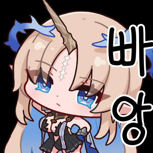 fleurdelys (wuthering waves), wuthering waves, animated, animated gif, commentary request, korean commentary, looping animation, lowres, translation request, 1girl, arm up, bare shoulders, black background, black dress, blonde hair, blue eyes, blue hair, breasts, closed mouth, colored inner hair, crown of thorns, dress, hand on own hip, horns, large breasts, long horns, looking at viewer, multicolored hair, parted bangs, simple background, single horn, solo, yami (yami56 u), yellow horns