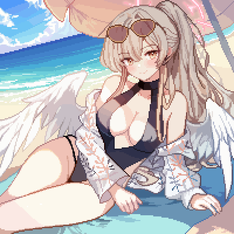 tinia etru, nagisa (blue archive), nagisa (swimsuit) (blue archive), blue archive, 1girl, aviator sunglasses, bare shoulders, beach, beach towel, beach umbrella, black one-piece swimsuit, blue sky, blush, breasts, brown-tinted eyewear, cloud, day, eyewear on head, feathered wings, hair between eyes, halo, halterneck, large breasts, long hair, looking at viewer, ocean, official alternate costume, official alternate hairstyle, one-piece swimsuit, outdoors, pixel art, ponytail, sand, shore, sky, solo, sunglasses, swimsuit, tinted eyewear, towel, umbrella, water, white wings, wings