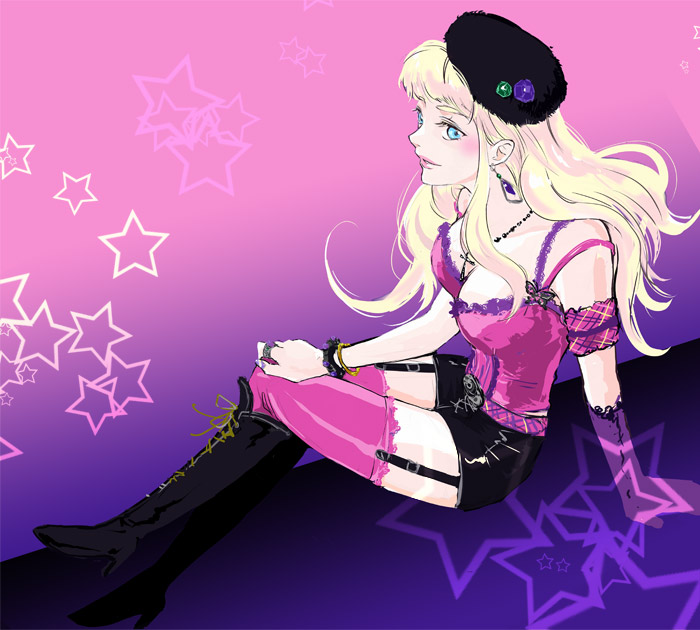 sanami, sheryl nome, macross, macross frontier, bad id, bad pixiv id, 00s, 1girl, blonde hair, boots, breasts, cleavage, female focus, garter belt, medium breasts, solo, thighhighs