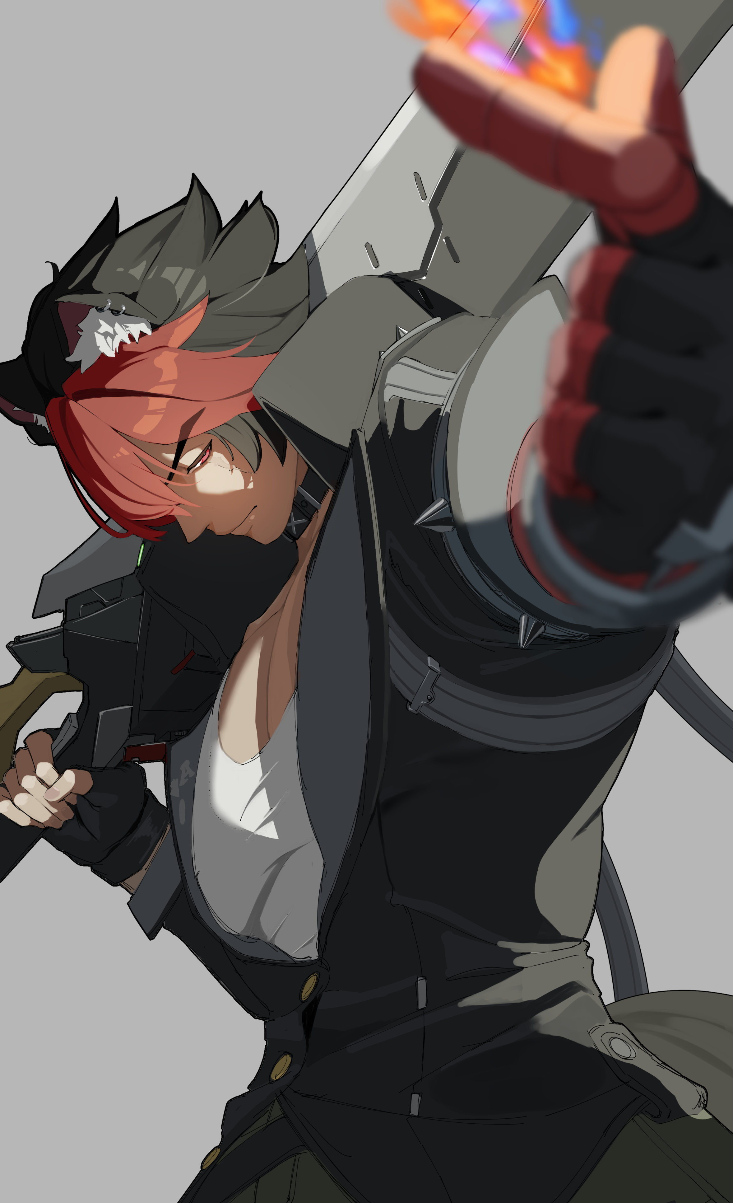 shinarika396, komano manato, zenless zone zero, absurdres, commentary request, highres, 1boy, animal ear fluff, animal ears, black gloves, black hair, cargo pants, choker, closed mouth, collarbone, dog boy, dog ears, dog tail, finger heart, fingerless gloves, fire, gloves, green pants, grey background, holding, holding sword, holding weapon, light smile, looking to the side, male focus, multicolored hair, muscular, muscular male, over shoulder, pants, pectorals, red bandage, red eyes, red hair, scar, scar across eye, scar on face, shirt, short hair, solo, spiked jacket, sword, tail, weapon, weapon over shoulder, white shirt
