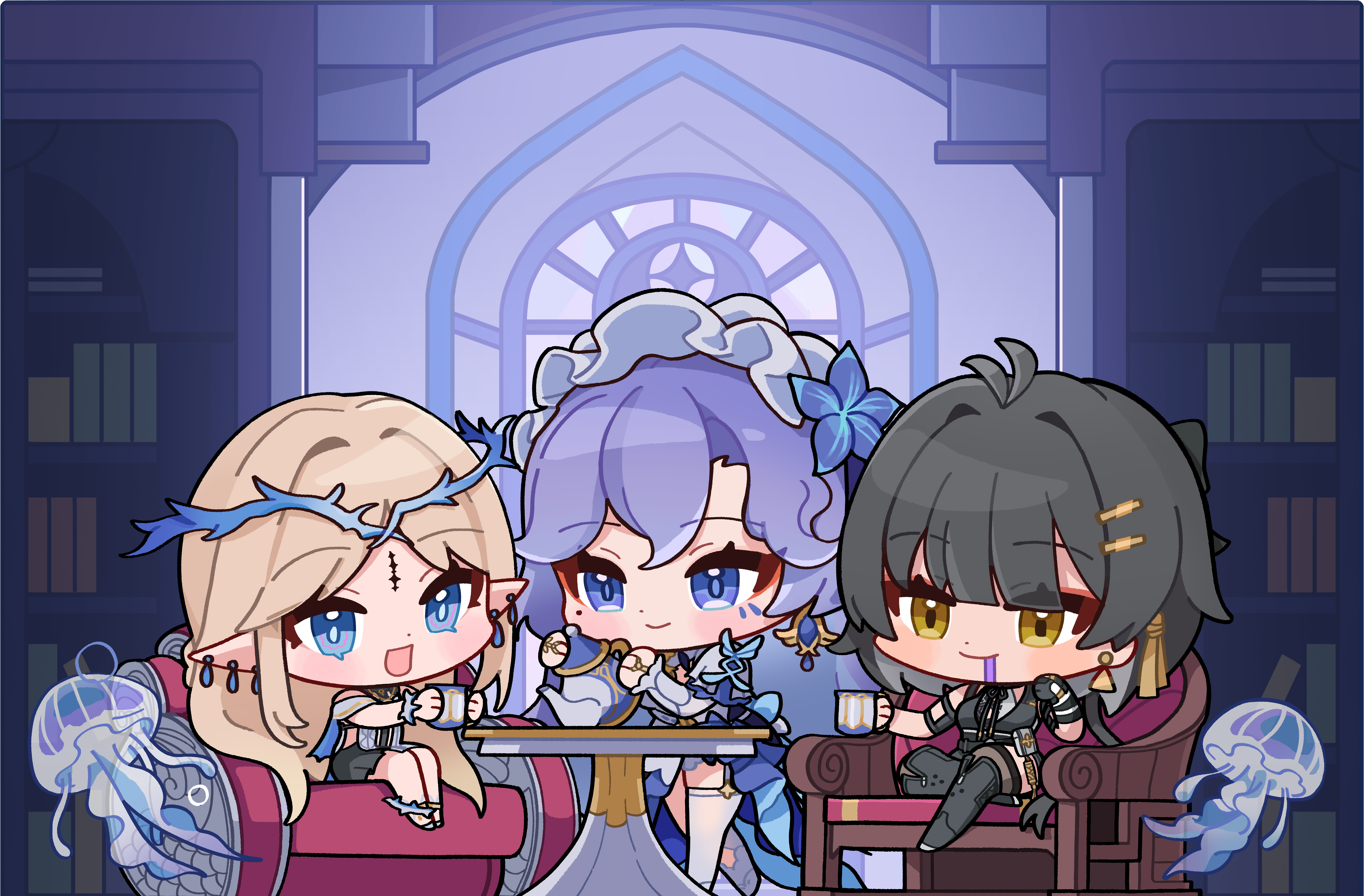 cantarella (wuthering waves), cartethyia (wuthering waves), female rover (wuthering waves), rover (wuthering waves), wuthering waves, absurdres, commentary request, highres, korean commentary, 3girls, antenna hair, black dress, black hair, blonde hair, blue eyes, blue flower, bookshelf, breasts, chibi, chibi only, closed mouth, crown of thorns, cup, dress, drooling, earrings, facial mark, flower, hair between eyes, hair flower, hair ornament, hair ribbon, hairclip, headdress, holding, holding cup, holding teapot, indoors, jellyfish, jewelry, long hair, mark under eye, medium breasts, mole, mole under eye, multiple earrings, multiple girls, open mouth, parallel hairclips, pointy ears, purple hair, ribbon, sidelocks, sitting, smile, tacet mark (wuthering waves), teapot, triangle earrings, very long hair, white dress, yami (yami56 u), yellow eyes, yellow ribbon