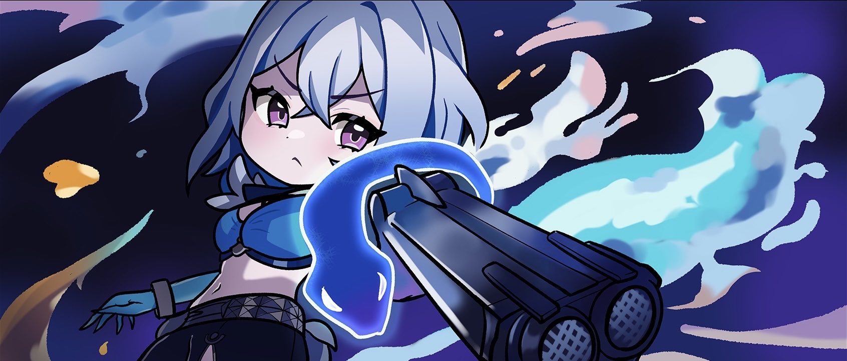 galbrena (wuthering waves), wuthering waves, commentary, highres, symbol-only commentary, 1girl, aiming, aiming at viewer, black shorts, blue bra, blue hands, bra, breasts, chibi, chibi only, closed mouth, fingernails, grey hair, hair between eyes, looking at viewer, medium breasts, medium hair, mutation, navel, purple eyes, shorts, solo, stomach, underwear, v-shaped eyebrows, yami (yami56 u)