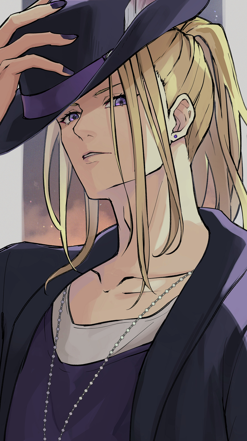 motoiwork, cain highwind, dissidia final fantasy, final fantasy, final fantasy iv, highres, 1boy, black jacket, blonde hair, dissidia duellum final fantasy, ear piercing, hat, holding, holding unworn clothes, holding unworn hat, jacket, jewelry, long hair, looking at viewer, male focus, necklace, parted lips, piercing, ponytail, portrait, purple eyes, purple nails, purple shirt, shirt, solo, unworn hat, unworn headwear