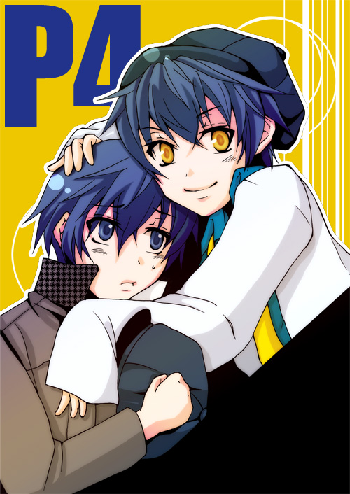 yutori ac, shadow (persona), shadow naoto, shirogane naoto, atlus, persona, persona 4, bad id, bad pixiv id, 2girls, androgynous, blue eyes, dark persona, dual persona, female focus, hat, multiple girls, reverse trap, short hair, yellow eyes