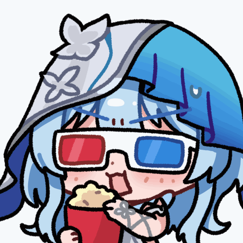 shorekeeper (wuthering waves), wuthering waves, animated, animated gif, commentary request, korean commentary, looping animation, lowres, slideshow animation, 1girl, 3d glasses, blue hair, blue veil, chibi, chibi only, eating, food, holding, holding food, long hair, popcorn, solo, two-tone veil, v-shaped eyebrows, veil, white veil, yami (yami56 u)