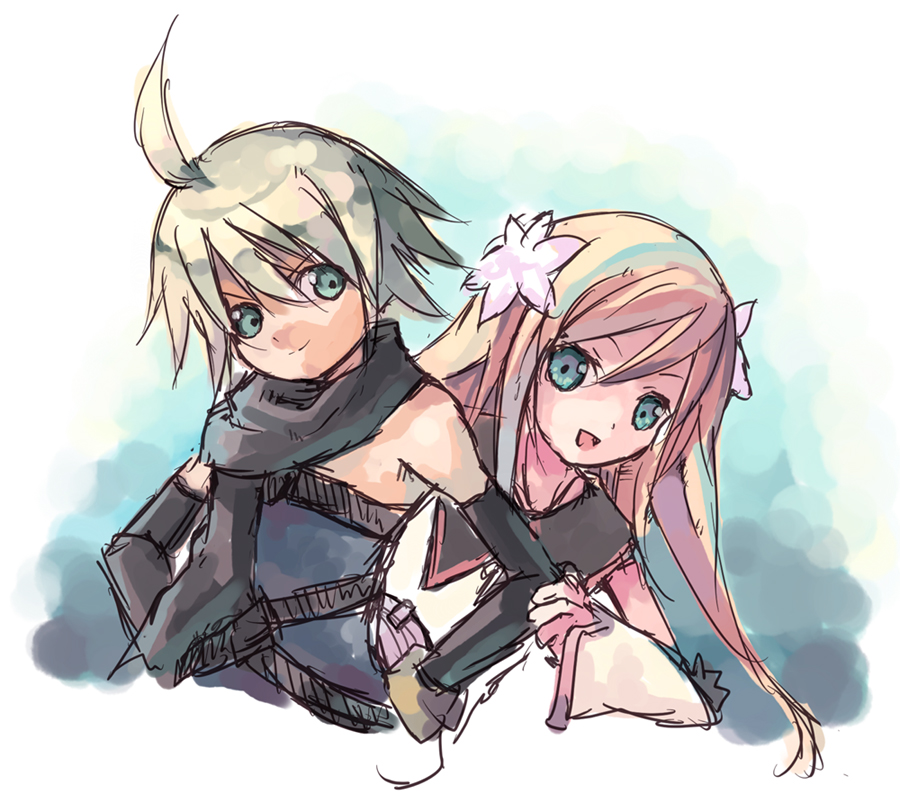 milcoco, emil castagnier, marta lualdi, tales of (series), tales of symphonia, tales of symphonia: dawn of the new world, bad id, bad pixiv id, 00s, 1boy, 1girl, blonde hair, brown hair, couple, detached sleeves, fang, flower, gloves, green eyes, hair ornament, hetero, long hair, scarf, smile