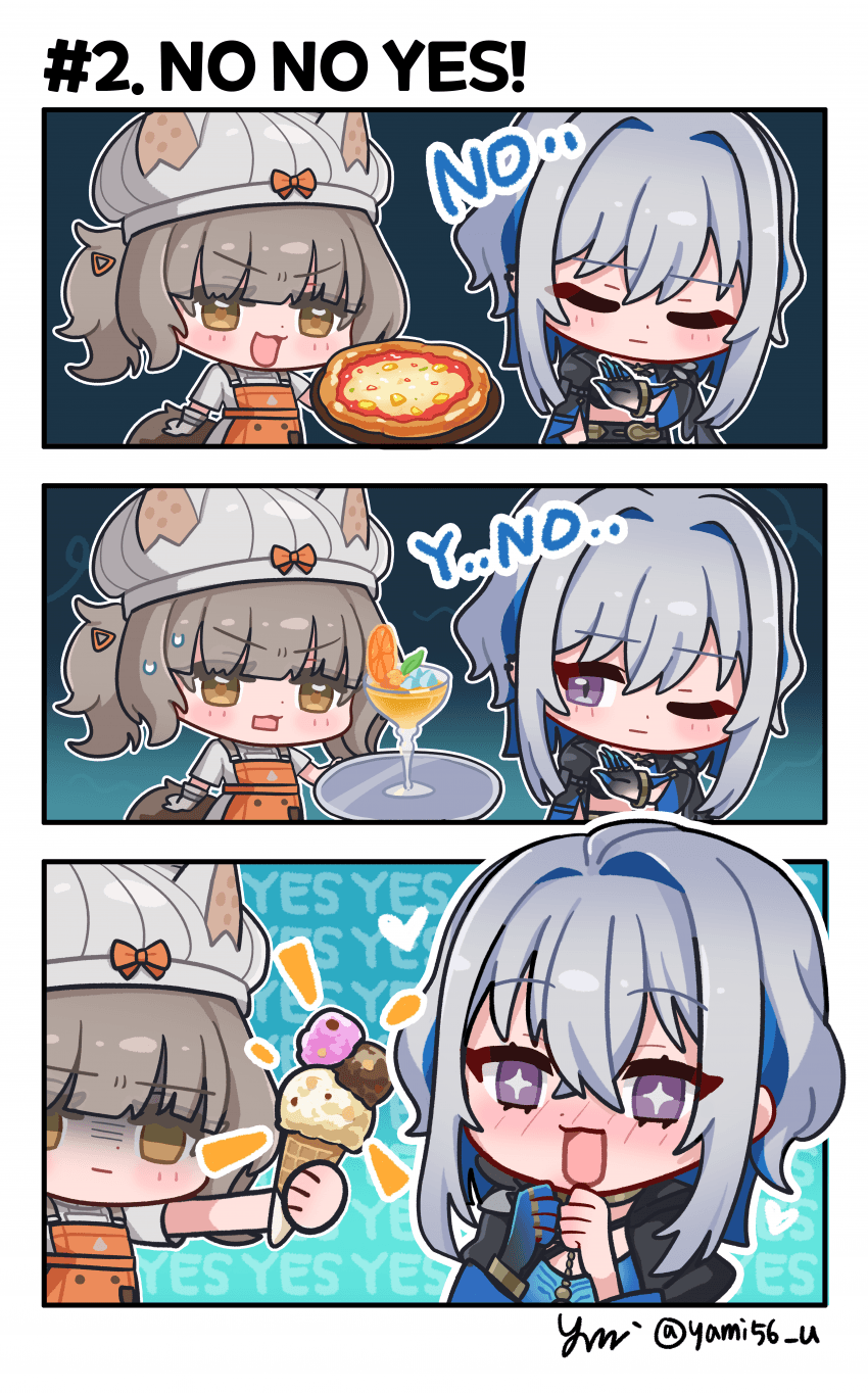 galbrena (wuthering waves), margherita (wuthering waves), wuthering waves, commentary request, highres, korean commentary, + +, 2girls, apron, blue hair, blush, brown hair, brown tail, closed eyes, cup, drinking glass, english text, food, grey hair, grey hat, hair ornament, hands up, hat, hat with ears, holding, holding food, holding ice cream cone, holding pizza, ice cream cone, looking at another, medium hair, multiple girls, one eye closed, open mouth, out of character, pizza, purple eyes, smile, tail, yami (yami56 u), yellow eyes