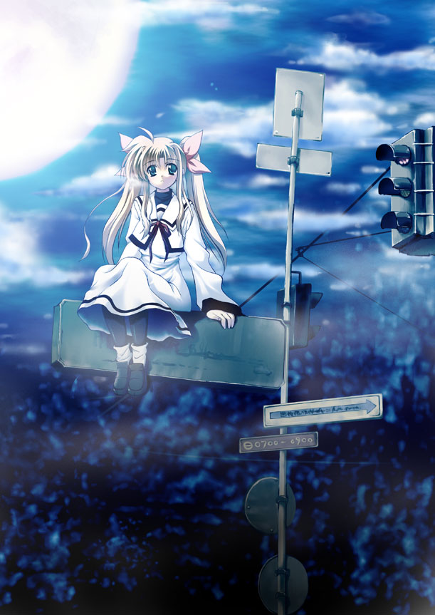 araissu, fate testarossa, lyrical nanoha, mahou shoujo lyrical nanoha, mahou shoujo lyrical nanoha a's, 00s, blonde hair, lamppost, ribbon, road sign, sign, sitting, solo, traffic light, twintails