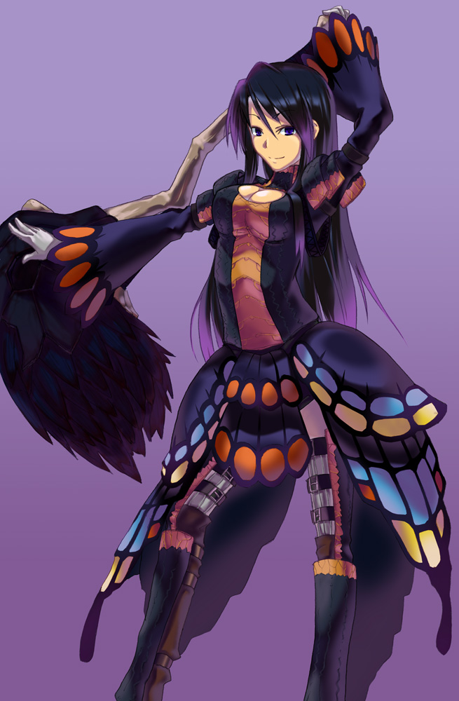 y/n, (armor), capcom, monster hunter (series), fur, looking away, 1girl, arm up, armor, black hair, blue eyes, boots, breasts, cleavage, cleavage cutout, clothing cutout, female focus, fighting stance, gloves, gradient hair, gypceros (armor), hammer, knee boots, loincloth, long hair, multicolored hair, outstretched arm, parted bangs, purple hair, rhopessa (armor), simple background, skirt, smile, solo, standing, strap, thigh strap, thighhighs, turtleneck, very long hair, weapon, white gloves, wide sleeves, zettai ryouiki