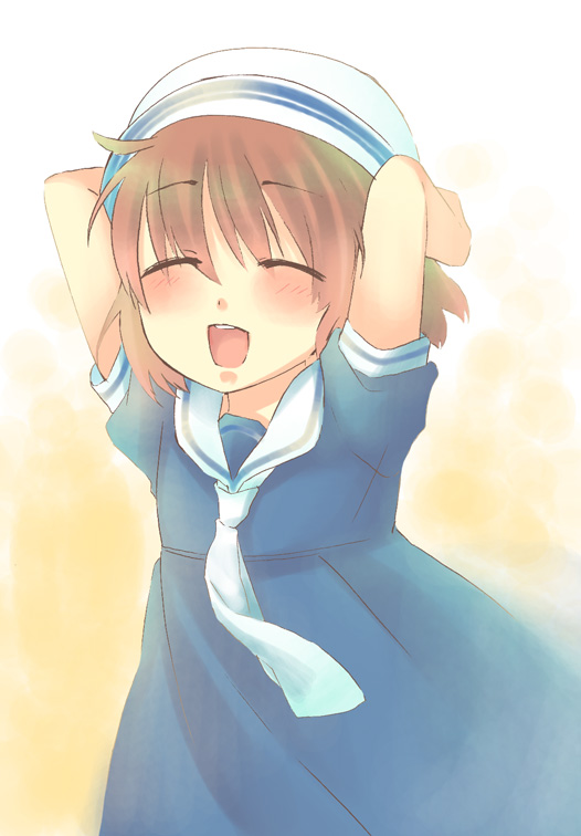 touon, okazaki ushio, clannad, bad id, bad pixiv id, 00s, 1girl, ascot, brown hair, child, closed eyes, dixie cup hat, dress, female focus, hat, military hat, open mouth, sailor, sailor dress, short hair, solo