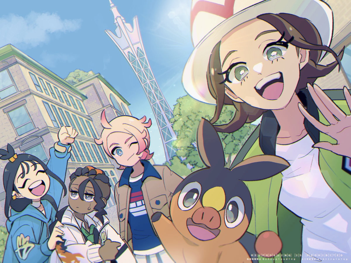 mogutory, harmony (pokemon), lida (pokemon), naveen (pokemon), tepig, urbain (pokemon), nintendo, pokemon, pokemon legends: z-a, 2boys, 2girls, ahoge, black hair, blonde hair, blue eyes, blue hoodie, blue shirt, blue sky, blush, breasts, brown hair, brown jacket, closed eyes, cloud, collared shirt, cube hair ornament, dark-skinned male, dark skin, day, earclip, gen 5 pokemon, green eyes, green jacket, green necktie, grin, hair ornament, hat, hood, hood down, hoodie, jacket, long hair, long sleeves, lumiose city, multiple boys, multiple girls, necktie, one eye closed, open clothes, open jacket, open mouth, outdoors, pants, pokemon (creature), prism tower, shirt, short hair, sky, smile, sweatdrop, teeth, topknot, upper teeth only, white hat, white jacket, white shirt