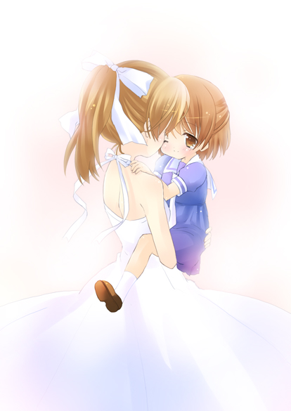 airmi, furukawa nagisa, okazaki ushio, clannad, 00s, age difference, brown eyes, brown hair, carrying, child, child carry, dress, long hair, mother and daughter, one eye closed, ponytail, sailor, sailor dress, short hair, simple background, wink