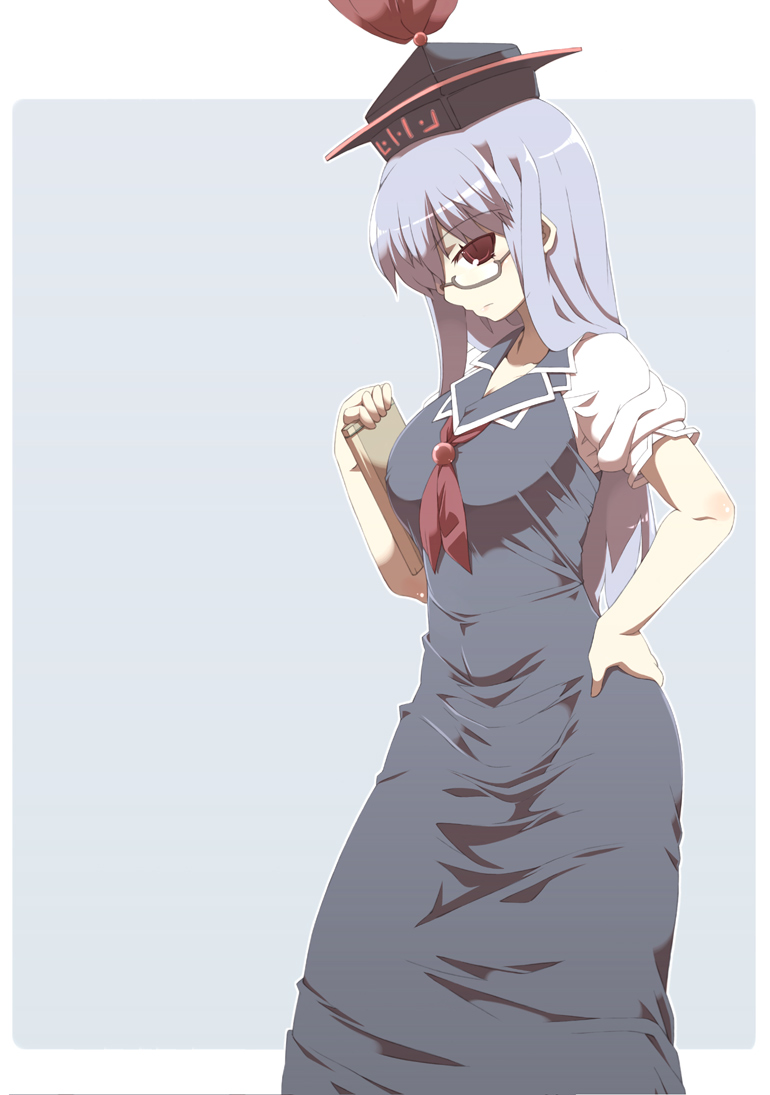 tokyo (great akuta), kamishirasawa keine, touhou, 1girl, bespectacled, blue hair, book, breasts, dress, female focus, glasses, hand on own hip, hat, hip focus, long hair, red eyes, simple background, solo