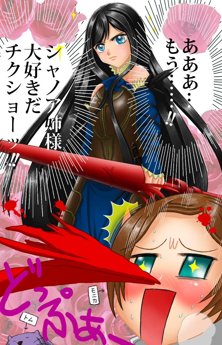 monica (castlevania), monica (castlevania: order of ecclesia), shanoa (castlevania), bamboo blade, castlevania: order of ecclesia, castlevania (series), highres, translated, + +, 2girls, armor, black hair, blood, blue eyes, brown hair, multiple girls, nosebleed, parody, polearm, spear, weapon