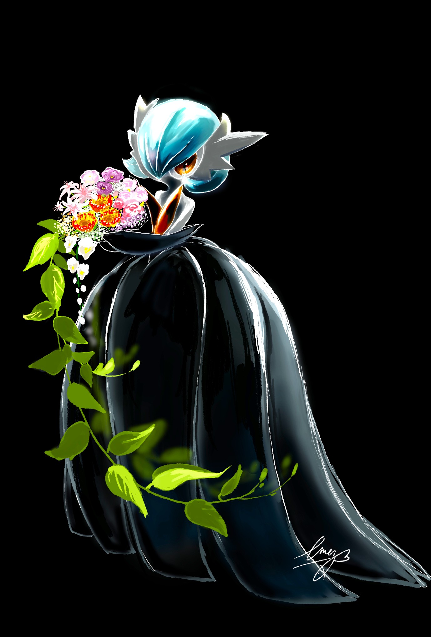 eme ko, gardevoir, mega gardevoir, nintendo, pokemon, highres, 1other, alternate color, bob cut, bouquet, colored skin, dress, flower, gen 3 pokemon, gloves, hair over one eye, holding, holding bouquet, leaf, looking at viewer, mega pokemon, pokemon (creature), pokemon focus, red eyes, shiny pokemon, simple background, white skin