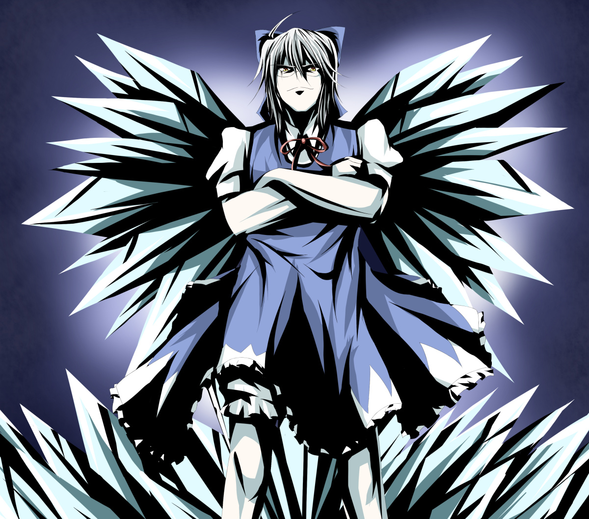 ni (ippozenshin), cirno, morichika rinnosuke, touhou, 1girl, cirno (cosplay), cosplay, female focus, glasses, ice, manly, solo, wings
