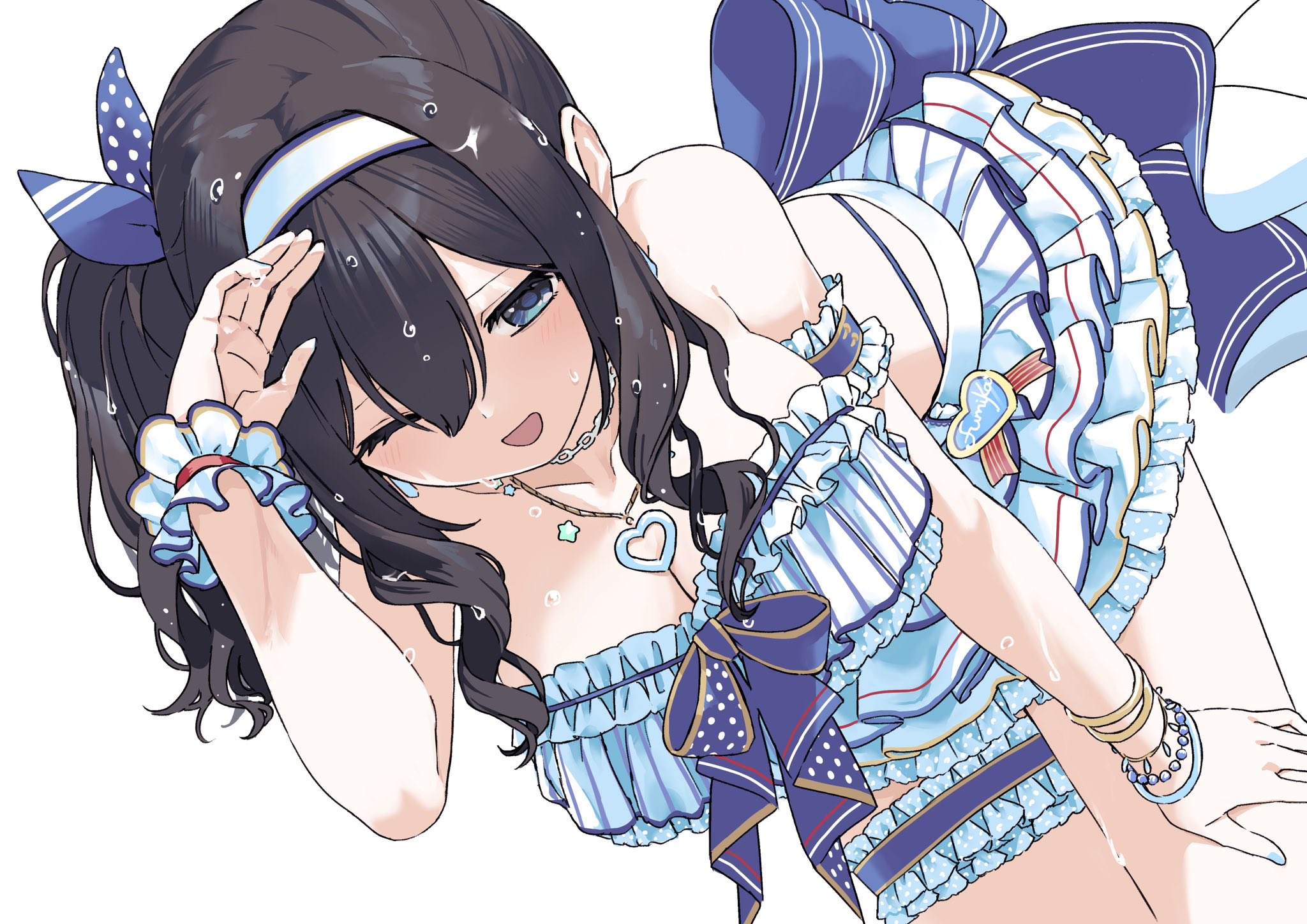 pure 556, sagisawa fumika, idolmaster, idolmaster cinderella girls, highres, 1girl, back ribbon, bare shoulders, bikini, black hair, blue eyes, blue ribbon, breasts, cleavage, collarbone, frilled bikini, frilled skirt, frilled thigh strap, frilled wrist cuffs, frills, hair between eyes, hairband, jewelry, kneeling, large breasts, long hair, necklace, one eye closed, open mouth, ribbon, side ponytail, single wrist cuff, skirt, smile, solo, swimsuit, thigh strap, thighs, wavy sidelocks, white background, white bikini, white hairband, white skirt, wrist cuffs, wristband