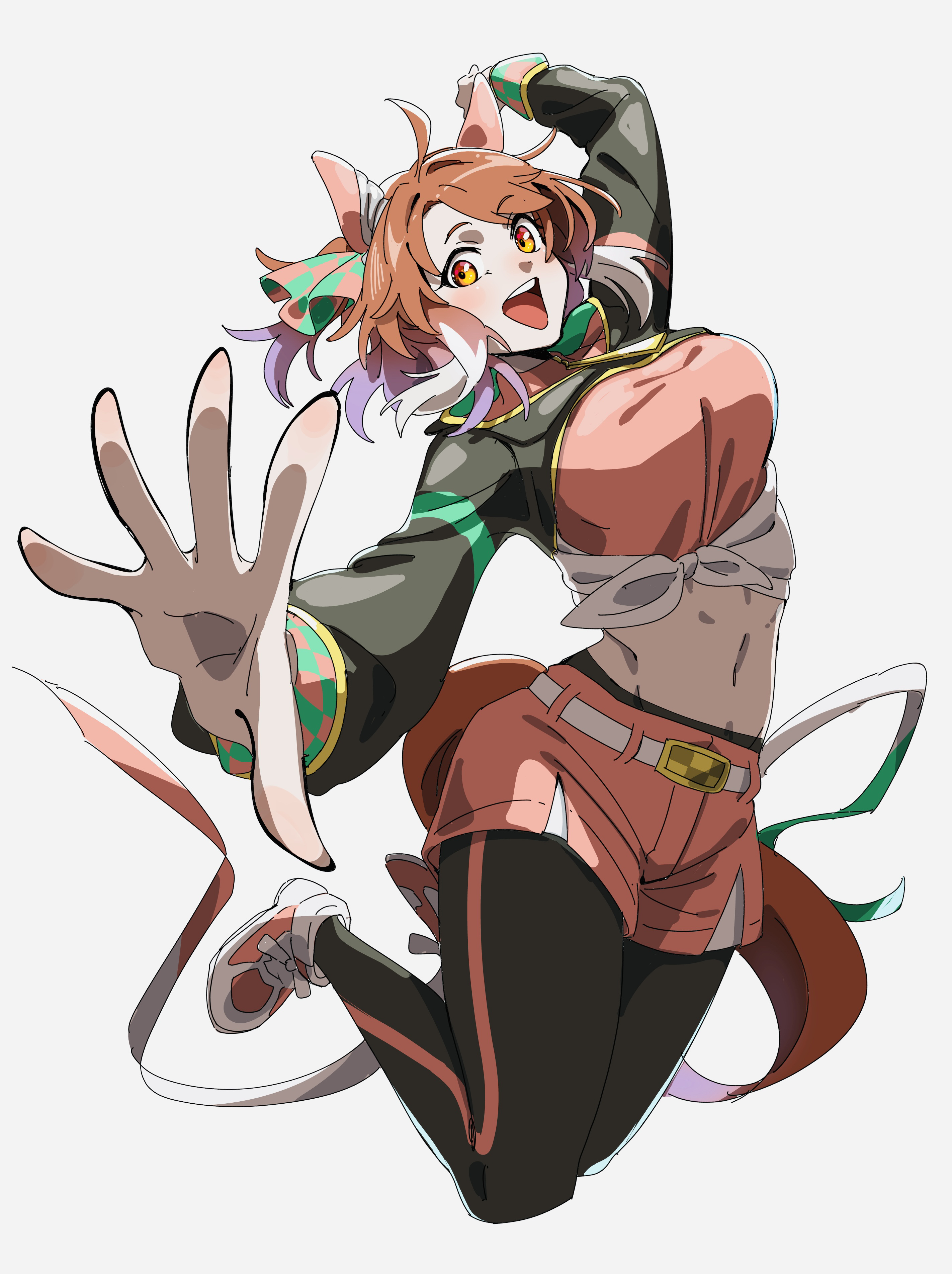 ohayonabeno, dantsu flame (umamusume), umamusume, absurdres, highres, 1girl, :d, ahoge, animal ears, belt, black leggings, black pantyhose, black shrug, blush, bow, breasts, brown eyes, brown hair, checkered ribbon, colored tips, ear covers, ear ribbon, from side, grey background, horse ears, horse girl, horse tail, large breasts, leggings, leggings under shorts, legs up, looking at viewer, midriff, multicolored hair, navel, open mouth, pantyhose, pink shoes, pink shorts, shirt, shoes, shorts, shrug (clothing), simple background, smile, solo, tail, teeth, tied shirt, upper teeth only, white background, white belt, white hair