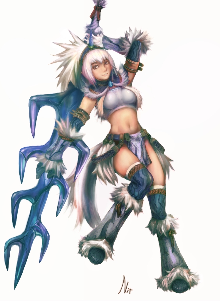 capcom, monster hunter (series), 1girl, abs, bandeau, boots, breasts, brown eyes, elbow gloves, female focus, gloves, hairband, horns, kirin (armor), large breasts, long hair, midriff, navel, short hair, single horn, smile, solo, strapless, sword, thighhighs, tube top, weapon, white hair