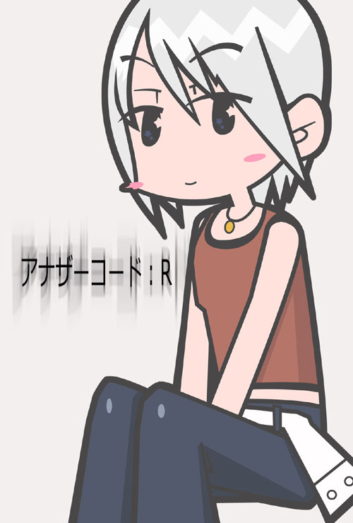ashley mizuki robbins, another code, another code r, cing, bad id, bad pixiv id, belt, black eyes, blush, flat chest, jewelry, midriff peek, necklace, short hair, sitting, smile, solo, tank top, white hair