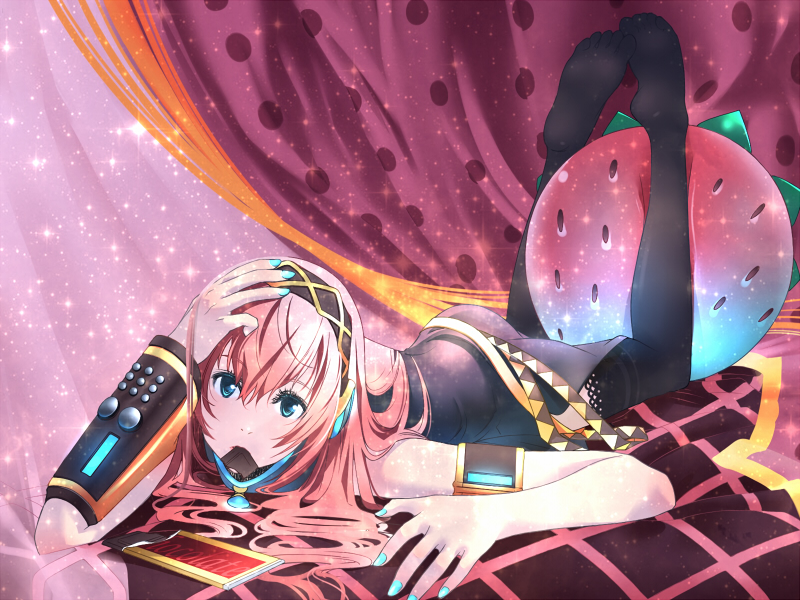 kotetsu motoya, megurine luka, vocaloid, 1girl, blue eyes, blue nails, chocolate, detached sleeves, feet, female focus, headset, long hair, mouth hold, nail polish, pink hair, solo, thighhighs, valentine