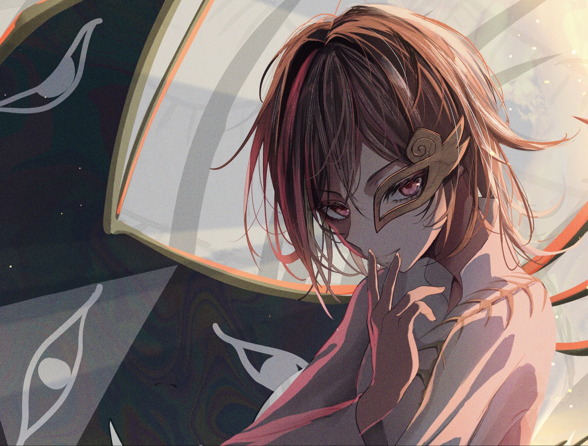 hegata (hegatia lapis), iwanaga ariya, touhou, commentary, highres, symbol-only commentary, 1girl, backlighting, black wings, brown hair, closed mouth, double-parted bangs, eye mask, eyes on wings, gold mask, half eye mask, hand on own chin, hand up, long sleeves, looking at viewer, mask, red eyes, serious, shirt, short hair, solo, upper body, white shirt, wings