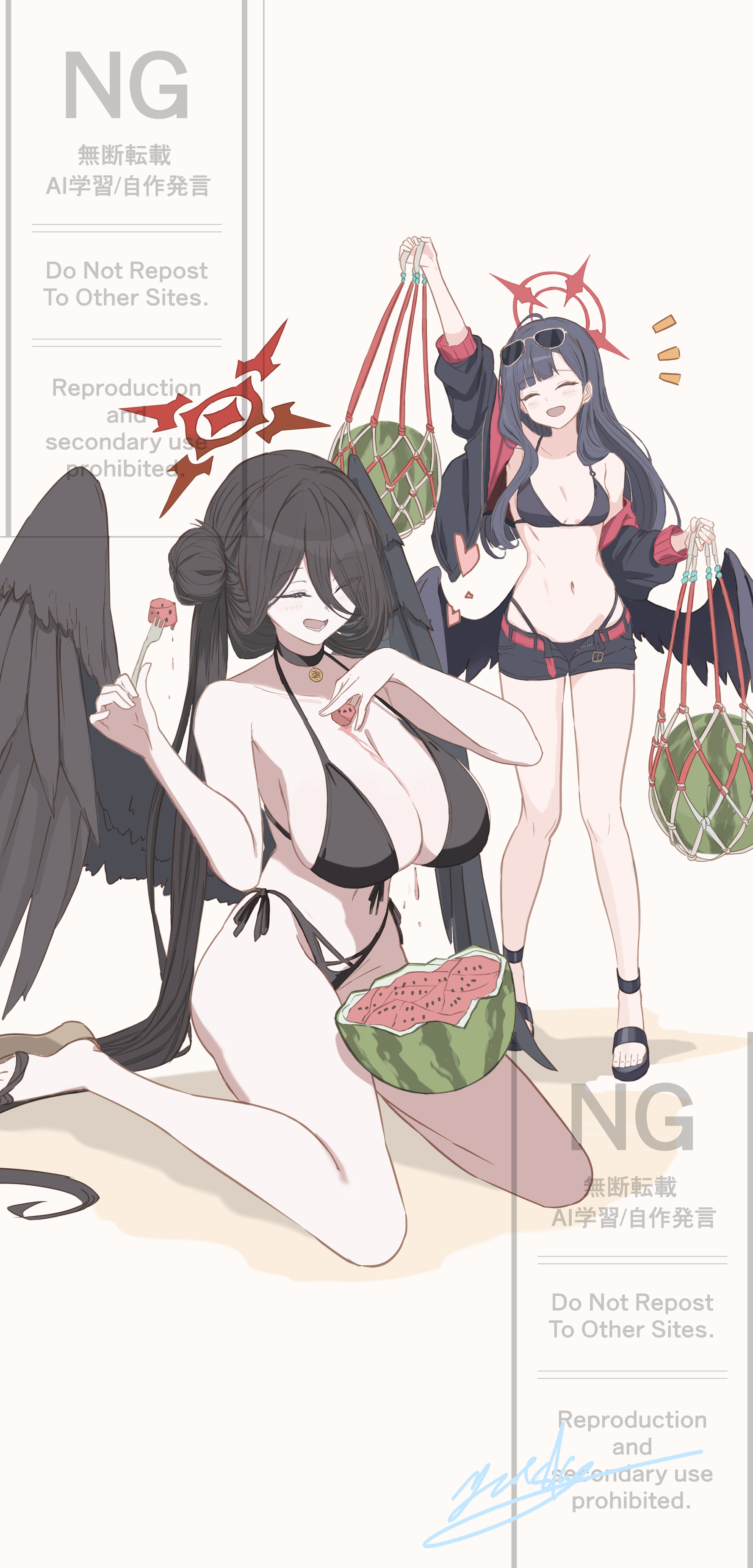 yatsuka (846), hasumi (blue archive), hasumi (swimsuit) (blue archive), ichika (blue archive), ichika (swimsuit) (blue archive), blue archive, absurdres, highres, 2girls, belt, bikini, black bikini, black choker, black hair, black jacket, black shorts, black wings, blush, breasts, choker, closed eyes, cross halo, eyewear on head, feathered wings, food, fork, front-tie bikini top, front-tie top, fruit, hair between eyes, hair bun, halo, highleg, highleg bikini, holding, holding fork, huge breasts, jacket, long hair, long hair between eyes, low wings, multiple girls, navel, net, official alternate costume, official alternate hairstyle, open mouth, oversized wings, red belt, red halo, sandals, shorts, smile, stomach, sunglasses, swimsuit, watermelon, wings