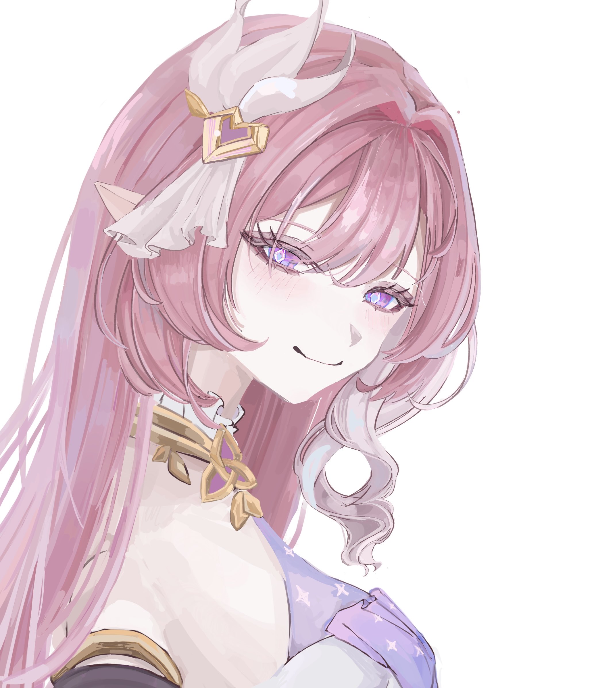 elysia (herrscher of human: ego) (honkai impact), elysia (honkai impact), honkai (series), honkai impact 3rd, commentary request, highres, 1girl, breasts, diamond-shaped pupils, diamond (shape), elf, hair ornament, large breasts, long hair, looking at viewer, pink hair, pointy ears, popoko n, purple eyes, simple background, smile, solo, symbol-shaped pupils, triquetra, upper body, very long hair, white background