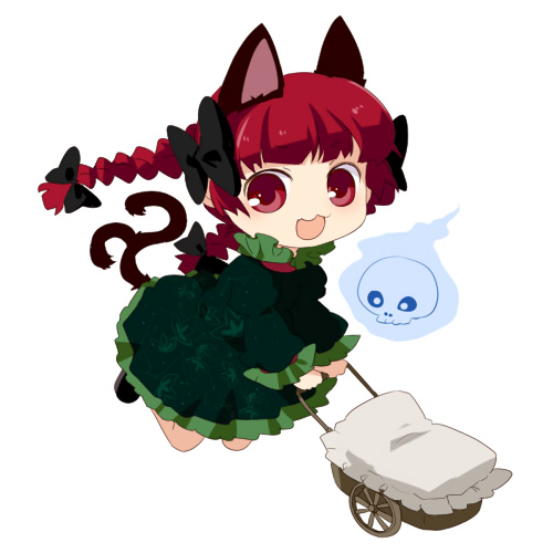 chaba (hortensia), kaenbyou rin, touhou, lowres, 1girl, :3, animal ears, braid, cat ears, cat girl, cat tail, chibi, dress, female focus, hair ribbon, multiple tails, red eyes, red hair, ribbon, skull, solo, tail, twin braids, twintails, wheelbarrow, white background