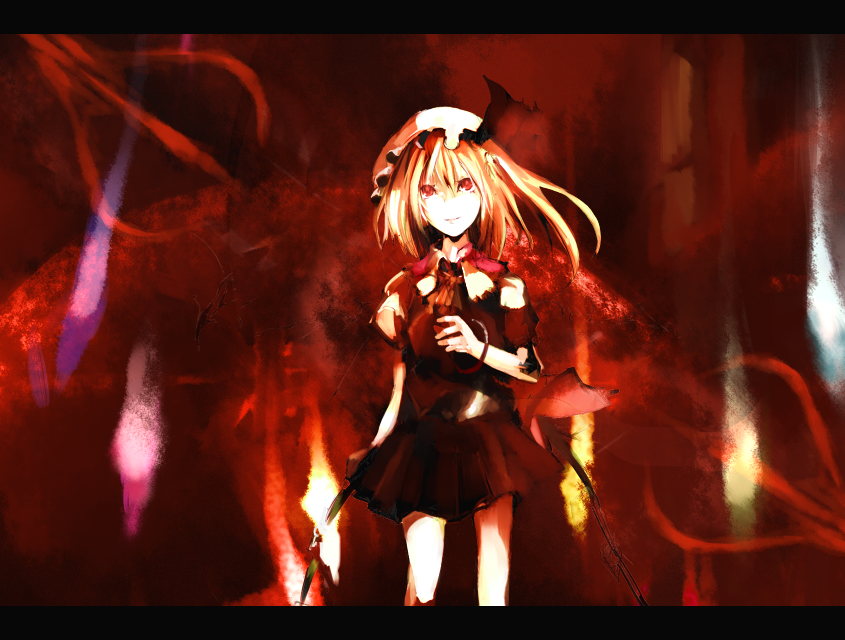 kereno, flandre scarlet, touhou, 1girl, ascot, black dress, blonde hair, cowboy shot, crystal, demon wings, dress, expressionless, female focus, looking at viewer, puffy short sleeves, puffy sleeves, red eyes, short sleeves, side ponytail, solo, standing, wings