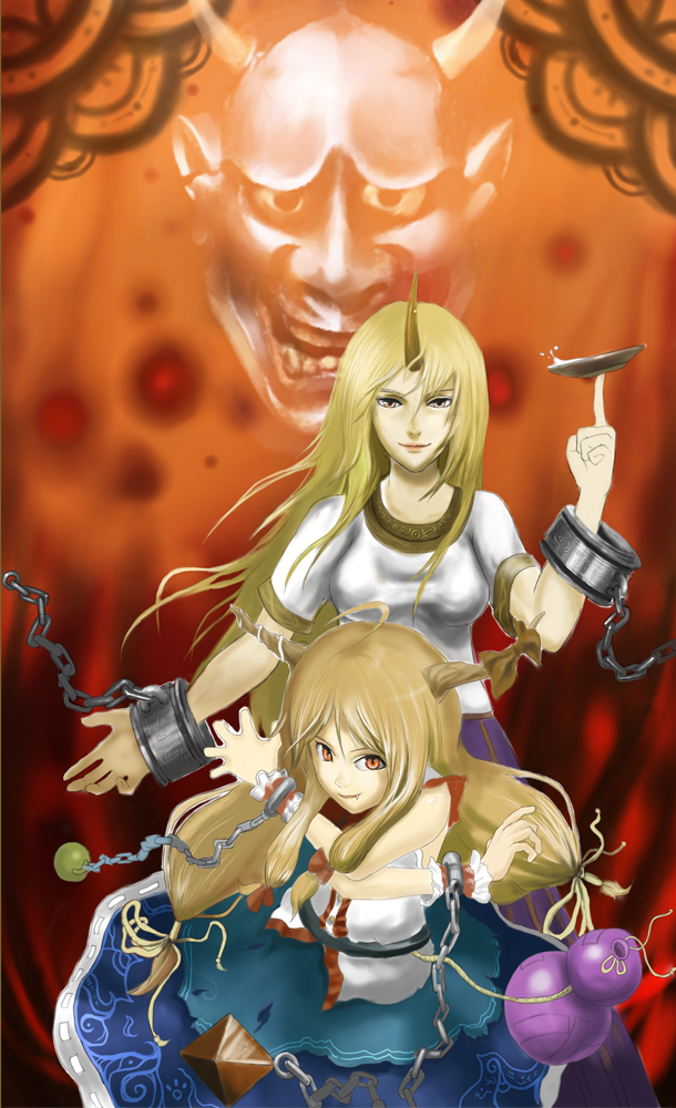 ross (clumzero), hoshiguma yuugi, ibuki suika, touhou, bad id, bad pixiv id, 2girls, alcohol, chain, cup, fang, female focus, horns, multiple girls, oni, sakazuki, sake, single horn