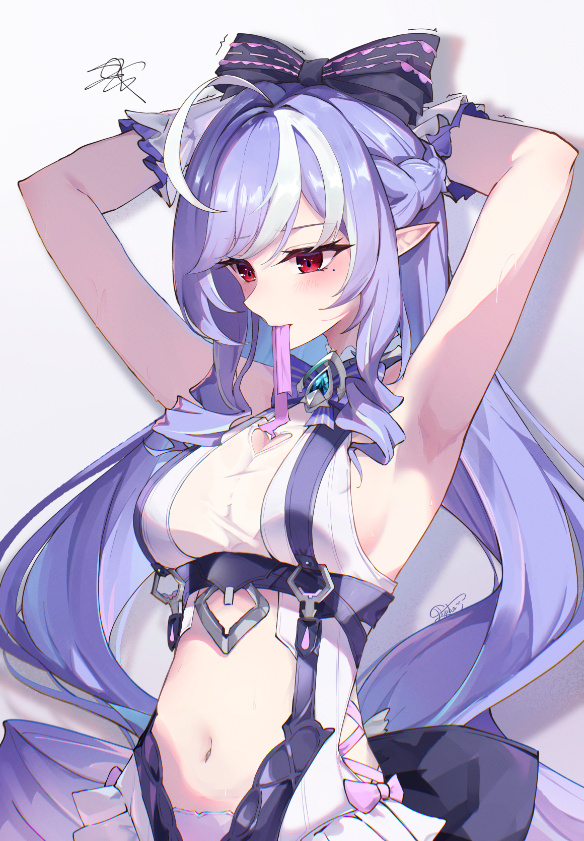 elphe, vivian banshee, vivian banshee (iris of the shore), zenless zone zero, commentary, highres, variant set, 1girl, ahoge, armpit focus, armpits, arms up, blush, bow, breasts, clothing cutout, hair bow, half updo, heart cutout, long hair, medium breasts, mole, mole under eye, mouth hold, multicolored hair, navel, official alternate costume, one-piece swimsuit, pointy ears, purple bow, purple hair, red eyes, sidelocks, signature, solo, stomach, stomach cutout, streaked hair, swimsuit, tying hair, upper body, very long hair, white one-piece swimsuit