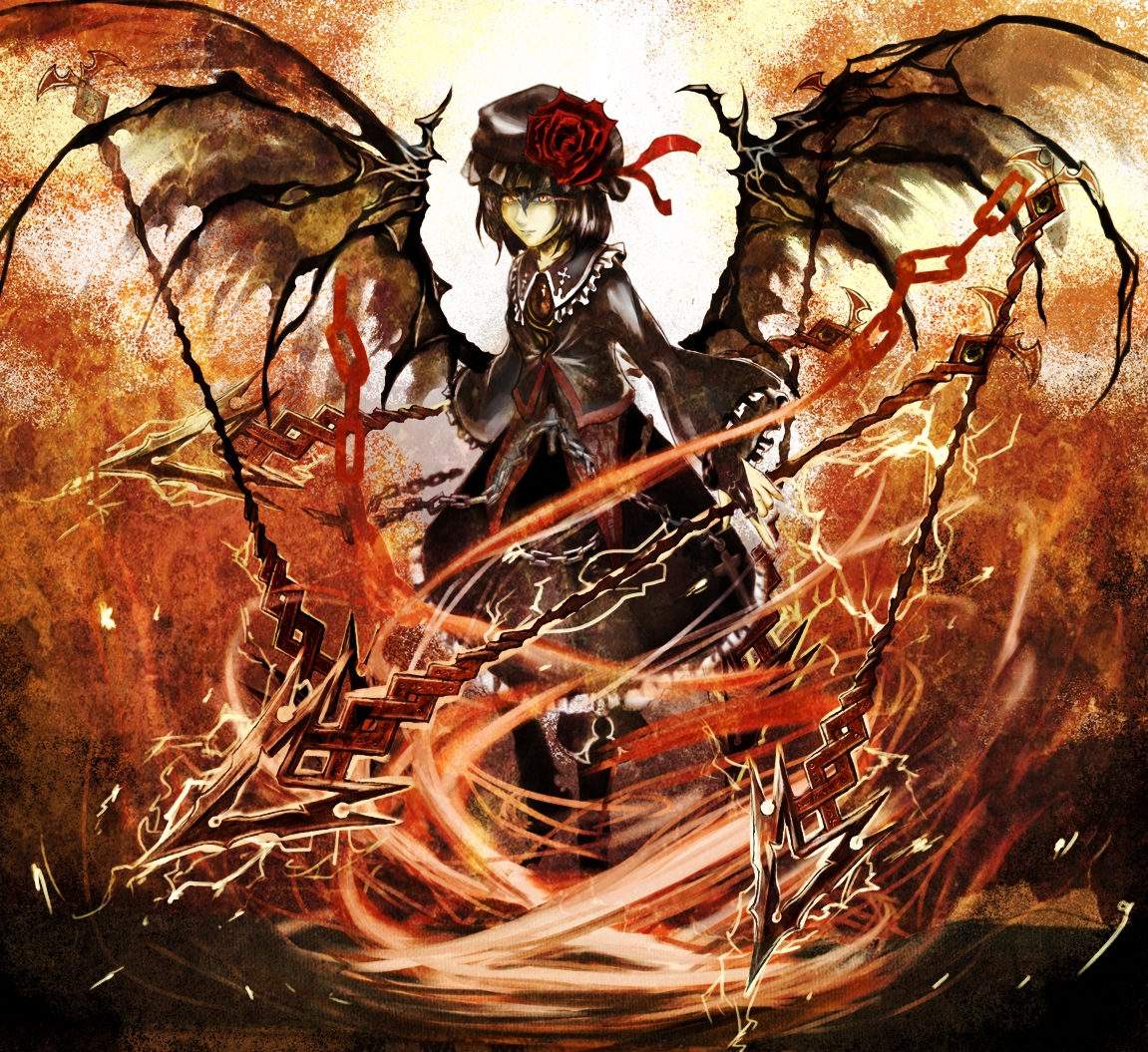 ross (clumzero), remilia scarlet, touhou, 1girl, female focus, flower, glowing, glowing eyes, gothic lolita, hat, lolita fashion, plant, rose, skirt, solo, spear the gungnir, wings