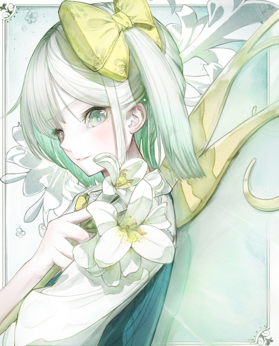omen (omenillust), daiyousei, touhou, commentary, 1girl, blush, bow, fairy, fairy wings, floral background, flower, green vest, grey hair, hair bow, hugging object, light smile, looking at viewer, one side up, shirt, solo, upper body, vest, white flower, white shirt, wings, yellow bow
